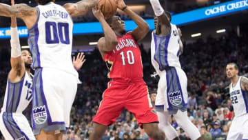 Nov 8, 2016; Sacramento, CA, USA; New Orleans Pelicans guard Langston Galloway (10) attempts a shot against Sacramento Kings center Willie Cauley-Stein (00) and guard Darren Collison (7) during the second quarter at Golden 1 Center. Mandatory Credit: Ed Szczepanski-USA TODAY Sports
