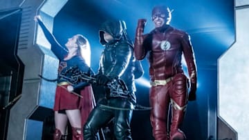 DC's Legends of Tomorrow -- "Hey World!" -- Image Number: LGN416a_0292br.jpg -- Pictured (L-R): Caity Lotz as Sara Lance/White Canary, Nick Zano as Nate Heywood/Steel and Adam Tsekhman as Agent Gary Green -- Photo: Katie Yu/The CW -- ÃÂ© 2019 The CW Network, LLC. All Rights Reserved.