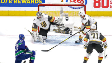EDMONTON, ALBERTA - AUGUST 29: Robin Lehner #90 of the Vegas Golden Knights stops a shot from Bo Horvat #53 of the Vancouver Canucks during the first period in Game Three of the Western Conference Second Round during the 2020 NHL Stanley Cup Playoffs at Rogers Place on August 29, 2020 in Edmonton, Alberta, Canada. (Photo by Bruce Bennett/Getty Images)