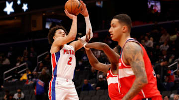 Detroit Pistons guard Cade Cunnninghame (2) shoots the ball over Washington Wizards center Thomas Bryant Credit: Geoff Burke-USA TODAY Sports