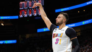 Max Strus #31 of the Miami Heat reacts after hitting a three-point basket against the Atlanta Hawks (Photo by Kevin C. Cox/Getty Images)