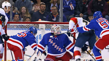 NEW YORK, NEW YORK - NOVEMBER 08: Igor Shesterkin #31 of the New York Rangers makes the second period save on Patric Hornqvist #70 of the Florida Panthers at Madison Square Garden on November 08, 2021 in New York City. The Rangers defeated the Panthers 4-3. (Photo by Bruce Bennett/Getty Images)