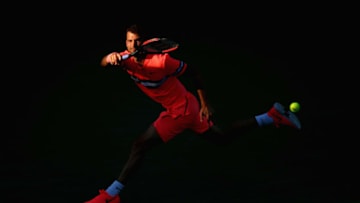 KEY BISCAYNE, FL - MARCH 25: Grigor Dimitrov of Bulgaria plays a forehand against Jeremy Chardy of France in their third round match during the Miami Open Presented by Itau at Crandon Park Tennis Center on March 25, 2018 in Key Biscayne, Florida. (Photo by Clive Brunskill/Getty Images)