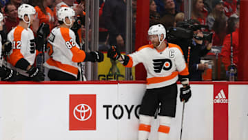 WASHINGTON, DC - FEBRUARY 08: Claude Giroux #28 of the Philadelphia Flyers celebrates his goal against the Washington Capitals during the third period at Capital One Arena on February 08, 2020 in Washington, DC. (Photo by Patrick Smith/Getty Images)