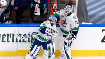 EDMONTON, ALBERTA - AUGUST 23: Jacob Markstrom #25 of the Vancouver Canucks is pulled from the nets during the third period against the Vegas Golden Knights and is replaced by Thatcher Demko #35 in Game One of the Western Conference Second Round during the 2020 NHL Stanley Cup Playoffs at Rogers Place on August 23, 2020 in Edmonton, Alberta, Canada. (Photo by Jeff Vinnick/Getty Images)