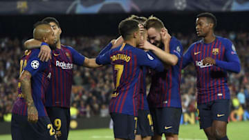 Barcelona's Spanish defender Jordi Alba (3L) celebrates with teammates after scoring during the UEFA Champions League group B match Barcelona against Inter Milan at the Camp Nou stadium in Barcelona on October 24, 2018. (Photo by LLUIS GENE / AFP) (Photo credit should read LLUIS GENE/AFP/Getty Images)
