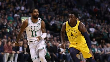 BOSTON, MA - FEBRUARY 09: Victor Oladipo #4 of the Indiana Pacers drives to the basket against Kyrie Irving #11 of the Boston Celtics at TD Garden on February 9, 2018 in Boston, Massachusetts. NOTE TO USER: User expressly acknowledges and agrees that, by downloading and or using this photograph, User is consenting to the terms and conditions of the Getty Images License Agreement. (Photo by Omar Rawlings/Getty Images)