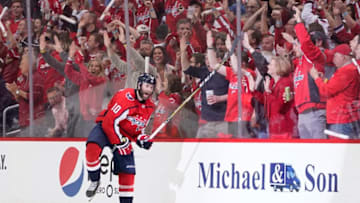 WASHINGTON, DC - APRIL 20: Brett Connolly #10 of the Washington Capitals celebrates after scoring a goal in the second period against the Carolina Hurricanes in Game Five of the Eastern Conference First Round during the 2019 NHL Stanley Cup Playoffs at Capital One Arena on April 20, 2019 in Washington, DC. (Photo by Patrick McDermott/NHLI via Getty Images)