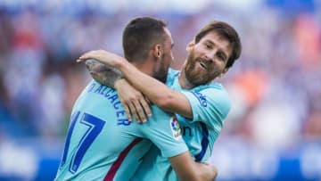 VITORIA-GASTEIZ, SPAIN - AUGUST 26: Lionel Messi of FC Barcelona celebrates with his teammates Paco Alcacer of FC Barcelona after scoring his team's second goal during the La Liga match between Deportivo Alaves and Barcelona at Estadio de Mendizorroza on August 26, 2017 in Vitoria-Gasteiz, Spain. (Photo by Juan Manuel Serrano Arce/Getty Images)
