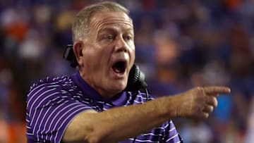 LSU Tigers head coach Brian Kelly reacts (Kim Klement-USA TODAY Sports)