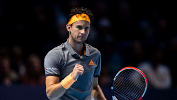 LONDON, ENGLAND - NOVEMBER 17: Dominic Thiem of Austria celebrates during his match against Stefanos Tsitsipas of Greece during Day Eight of the Nitto ATP Finals at The O2 Arena on November 17, 2019 in London, England. (Photo by TPN/Getty Images)