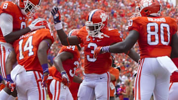 Sep 17, 2016; Clemson, SC, USA; Clemson Tigers wide receiver Diondre Overton (14) celebrates after scoring a touchdown during the first quarter against the South Carolina State Bulldogs at Clemson Memorial Stadium. Mandatory Credit: Joshua S. Kelly-USA TODAY Sports