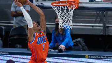 OKC Thunder forward Darius Bazley (7) slam dunks the ball in the second quarter against the Pacers: Trevor Ruszkowski-USA TODAY Sports