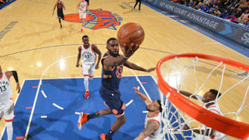 NEW YORK, NY - MARCH 11: Tim Hardaway Jr. #3 of the New York Knicks drives to the basket during the game against the Toronto Raptors on March 11, 2018 at Madison Square Garden in New York, NY. Copyright 2018 NBAE (Photo by Jesse D. Garrabrant/NBAE via Getty Images)