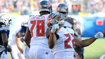 Dec 4, 2016; San Diego, CA, USA; Tampa Bay Buccaneers running back Doug Martin (22) celebrates after scoring a touchdown against the San Diego Chargers during the first quarter at Qualcomm Stadium. Mandatory Credit: Jake Roth-USA TODAY Sports