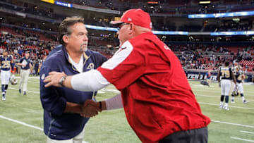 Dec 11, 2014; St. Louis, MO, USA; St. Louis Rams head coach Jeff Fisher and Arizona Cardinals head coach Bruce Arians shake hands after the game between the two teams at the Edward Jones Dome. The Cardinals defeated the Rams 12-6. Mandatory Credit: Scott Kane-USA TODAY Sports