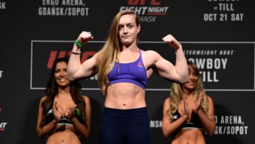 GDANSK, POLAND - OCTOBER 20: Aspen Ladd poses on the scale during the UFC Fight Night Weigh-in inside Ergo Arena on October 20, 2017 in Gdansk, Poland. (Photo by Jeff Bottari/Zuffa LLC/Zuffa LLC via Getty Images)