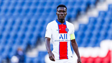 PARIS, FRANCE - AUGUST 05: #27 Idrissa Gueye of Paris Saint Germain walks in the field during the friendly match between Paris Saint-Germain and Sochaux on August 5, 2020 in Paris, France. (Photo by Ricardo Nogueira/Eurasia Sport Images/Getty Images)