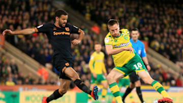 NORWICH, ENGLAND - MARCH 13: Marco Stiepermann of Norwich City is challenged by Kevin Stewart of Hull City during the Sky Bet Championship match between Norwich City and Hull City at Carrow Road on March 13, 2019 in Norwich, England. (Photo by James Chance/Getty Images)