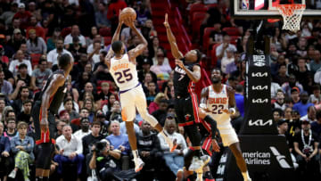 Mikal Bridges #25 of the Phoenix Suns shoots over Kyle Lowry #7 of the Miami Heat(Photo by Megan Briggs/Getty Images)