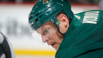 ST. PAUL, MN - FEBRUARY 10: Mikko Koivu #9 of the Minnesota Wild awaits a face-off against the Chicago Blackhawks during the game at the Xcel Energy Center on February 10, 2018 in St. Paul, Minnesota. (Photo by Bruce Kluckhohn/NHLI via Getty Images)