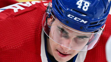 MONTREAL, CANADA - SEPTEMBER 27: Filip Mesar #48 of the Montreal Canadiens waits for a faceoff during the second period against the Ottawa Senators at the Bell Centre on September 27, 2023 in Montreal, Quebec, Canada. The Montreal Canadiens defeated the Ottawa Senators 4-3. (Photo by Minas Panagiotakis/Getty Images)