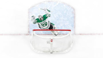 ST PAUL, MN - APRIL 23: Jake Oettinger #29 of the Dallas Stars celebrates his victory against the Minnesota Wild after Game Four of the First Round of the 2023 Stanley Cup Playoffs at Xcel Energy Center on April 23, 2023 in St Paul, Minnesota. The Stars defeated the Wild 3-2 to tie the series 2-2. (Photo by David Berding/Getty Images)