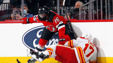 Milan Lucic #17 of the Calgary Flames is checked by P.K. Subban #76 of the New Jersey Devils during the first period at the Prudential Center on October 26, 2021 in Newark, New Jersey. (Photo by Bruce Bennett/Getty Images)