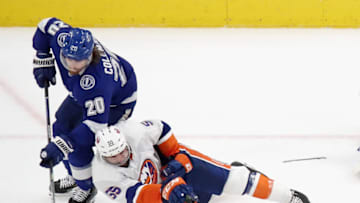 EDMONTON, ALBERTA - SEPTEMBER 15: Johnny Boychuk #55 of the New York Islanders has his skate blade broken by a shot during the game against Blake Coleman #20 of the Tampa Bay Lightning in Game Five of the Eastern Conference Final during the 2020 NHL Stanley Cup Playoffs at Rogers Place on September 15, 2020 in Edmonton, Alberta, Canada. (Photo by Bruce Bennett/Getty Images)