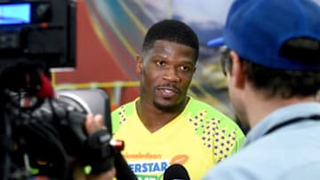 HOUSTON, TX - FEBRUARY 02: NFL player Andre Johnson at the taping of Nickelodeon's Superstar Slime Showdown at Super Bowl in Houston, Texas, premiering Sunday, Feb. 5, at 12pm (ET/PT). (Photo by Kevin Winter/Getty Images for Nickelodeon )