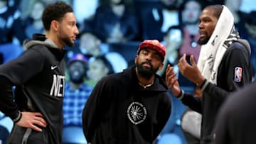 Brooklyn Nets, Kevin Durant, Ben Simmons, Kyrie Irving. Mandatory Credit: Brad Penner-USA TODAY Sports