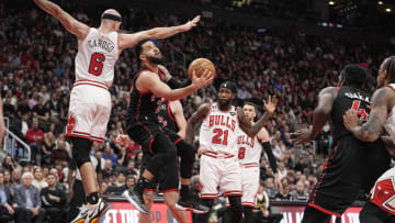 Apr 12, 2023; Toronto, Ontario, CAN; Toronto Raptors guard Fred VanVleet (23) shoots as Chicago Bulls guard Alex Caruso (6) defends during the second half of a NBA Play-In game at Scotiabank Arena. Mandatory Credit: John E. Sokolowski-USA TODAY Sports