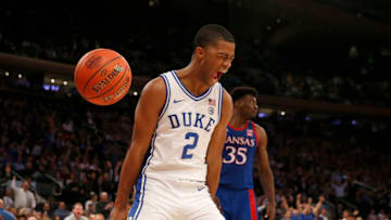 Duke basketball guard Cassius Stanley #2 of the celebrates his dunk in the second half against the Kansas Jayhawks during the State Farm Champions Classic at Madison Square Garden on November 05, 2019 in New York City. (Photo by Elsa/Getty Images)