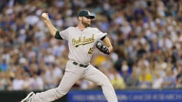 Jul 12, 2014; Seattle, WA, USA; Oakland Athletics relief pitcher Ryan Cook (48) pitches to the Seattle Mariners during the seventh inning at Safeco Field. Mandatory Credit: Steven Bisig-USA TODAY Sports