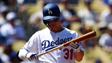 LOS ANGELES, CALIFORNIA - MARCH 31: Joc Pederson #31 of the Los Angeles Dodgers reacts after missing on a swing against the Arizona Diamondbacks during the sixth inning at Dodger Stadium on March 31, 2019 in Los Angeles, California. (Photo by Yong Teck Lim/Getty Images)