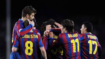 BARCELONA, SPAIN - FEBRUARY 20: Barcelona's Gerard Pique (L) Andres Iniesta, Bojan Krkic and Pedro celebrate after Thiago scored Barcelona's fourth goal during the La Liga match between Barcelona and Racing Santander at Camp Nou stadium on February 20, 2010 in Barcelona, Spain. (Photo by Denis Doyle/Getty Images)