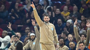 Jan 31, 2023; Cleveland, Ohio, USA; Cleveland Cavaliers forward Kevin Love (0) celebrates in the first quarter against the Miami Heat at Rocket Mortgage FieldHouse. Mandatory Credit: David Richard-USA TODAY Sports