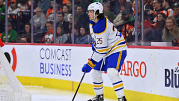 Mar 17, 2023; Philadelphia, Pennsylvania, USA; Buffalo Sabres defenseman Owen Power (25) controls the puck against the Philadelphia Flyers in the third period at Wells Fargo Center. Mandatory Credit: Kyle Ross-USA TODAY Sports