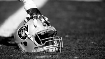NAPA, CA - AUGUST 5: (EDITORS NOTE: THIS IMAGE HAS BEEN CONVERTED TO BLACK AND WHITE) A detail of a helmet during the Oakland Raiders Training Camp at the Napa Valley Marriott on August 5, 2009 in Napa, California. (Photo by Jed Jacobsohn/Getty Images)