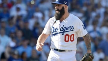 October 16, 2013; Los Angeles, CA, USA; Los Angeles Dodgers relief pitcher Brian Wilson (00) during game five of the National League Championship Series baseball game against the St. Louis Cardinals at Dodger Stadium. Mandatory Credit: Jayne Kamin-Oncea-USA TODAY Sports