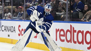 Sep 28, 2022; Toronto, Ontario, CAN; Toronto Maple Leafs goalie Matt Murray (30) plays the puck against the Montreal Canadiens in the first period at Scotiabank Arena. Mandatory Credit: Dan Hamilton-USA TODAY Sports