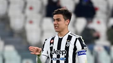TURIN, ITALY - JANUARY 15: Paulo Dybala of Juventus FC reacts during the Serie A match between Juventus and Udinese Calcio at Allianz Stadium on January 15, 2022 in Turin, Italy. (Photo by Stefano Guidi/Getty Images)