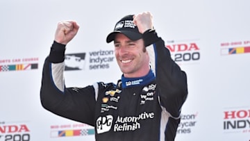 Simon Pagenaud celebrates after winning the Honda Indy 200 at Mid-Ohio Sports Car Course on Sunday, July 31. Photo Credit: Chris Owens/Courtesy of IndyCar