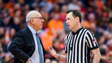 SYRACUSE, NY - MARCH 04: Head coach Jim Boeheim of the Syracuse Orange discusses a call against Oshae Brissett #11 with a referee during the first half against the Virginia Cavaliers at the Carrier Dome on March 4, 2019 in Syracuse, New York. (Photo by Brett Carlsen/Getty Images)