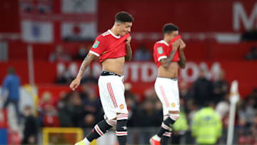 MANCHESTER, ENGLAND - SEPTEMBER 22: Jadon Sancho of Manchester United reacts during the Carabao Cup Third Round match between Manchester United and West Ham United at Old Trafford on September 22, 2021 in Manchester, England. (Photo by Alex Pantling/Getty Images)