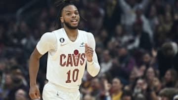 Nov 20, 2022; Cleveland, Ohio, USA; Cleveland Cavaliers guard Darius Garland (10) reacts after a three point basket during the first half against the Miami Heat at Rocket Mortgage FieldHouse. Mandatory Credit: Ken Blaze-USA TODAY Sports