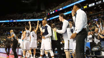 Mar 18, 2016; Brooklyn, NY, USA; Notre Dame Fighting Irish players react against the Michigan Wolverines in the second half in the first round of the 2016 NCAA Tournament at Barclays Center. Mandatory Credit: Anthony Gruppuso-USA TODAY Sports