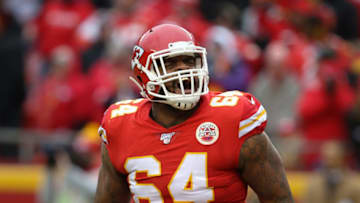 KANSAS CITY, MO - DECEMBER 29: Kansas City Chiefs defensive tackle Mike Pennel (64) yells after making a stop on fourth down late in the third quarter of an AFC West game between the Los Angeles Chargers and Kansas City Chiefs on December 29, 2019 at Arrowhead Stadium in Kansas City, MO. (Photo by Scott Winters/Icon Sportswire via Getty Images)