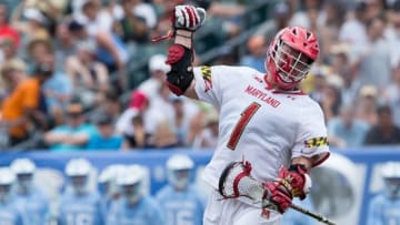 May 30, 2016; Philadelphia, PA, USA; Maryland Terrapins attack Matt Rambo (1) celebrates after scoring a goal against the North Carolina Tar Heels during the third quarter at Lincoln Financial Field. Mandatory Credit: Bill Streicher-USA TODAY Sports