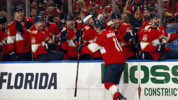 SUNRISE, FL - DECEMBER 29: Jonathan Huberdeau #11 of the Florida Panthers celebrates his second goal of the game with teammates during the second period against the Montreal Canadiens at the BB&T Center on December 29, 2019 in Sunrise, Florida. (Photo by Eliot J. Schechter/NHLI via Getty Images)